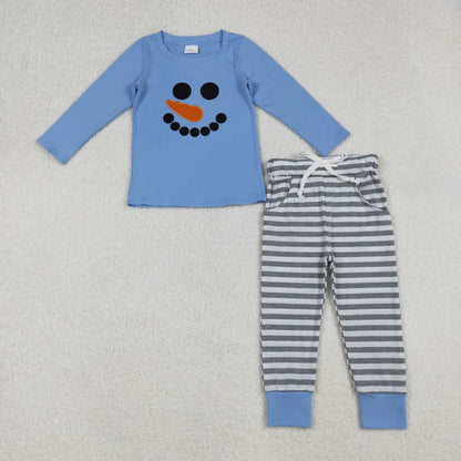 Matching Baby girls boys Christmas snowmen blue pink stripe clothing embroidery