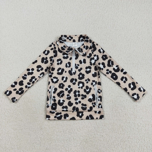 GT1072 baby girls brown black leopard zipper long sleeve top yoga