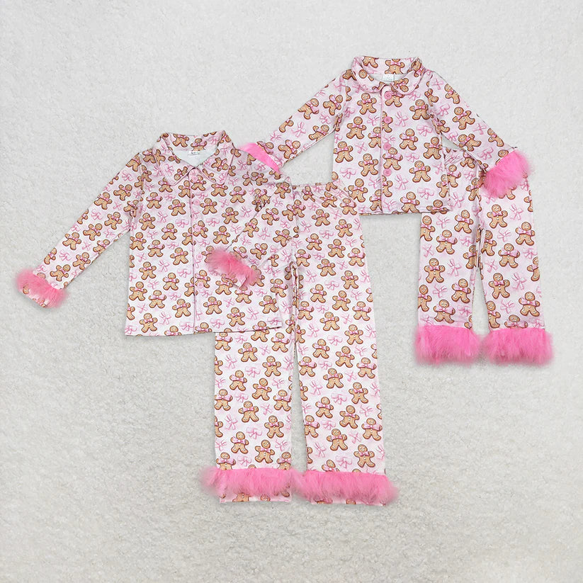 Family Matching Adult Baby girls Christmas Gingerbread pink furry clothing pajamas