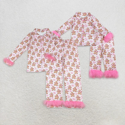 Family Matching Adult Baby girls Christmas Gingerbread pink furry clothing pajamas