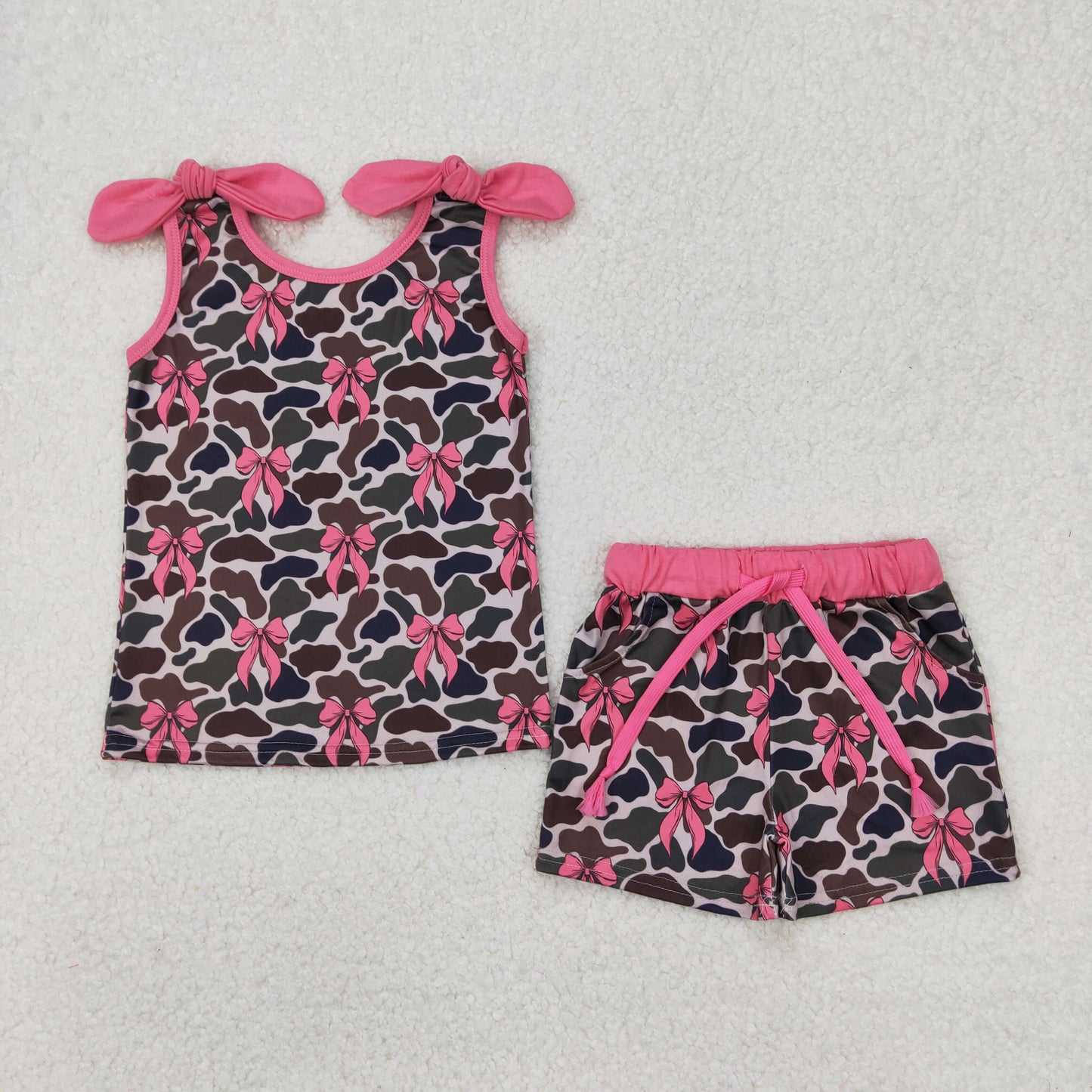 GSSO2083 girls camo pink bow shorts outfits