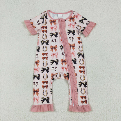 SR3116 baby girls bow floral zipper pink romper