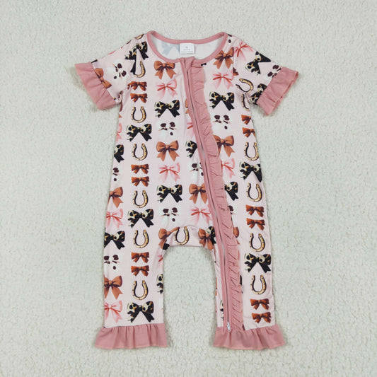 SR3116 baby girls bow floral zipper pink romper