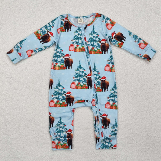 LR1459 Christmas tree Alpine cattle zipper blue bamboo romper