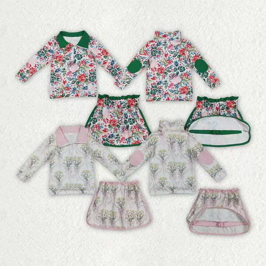 Matching Baby girls flower bow zip-up long-sleeved skirt sets