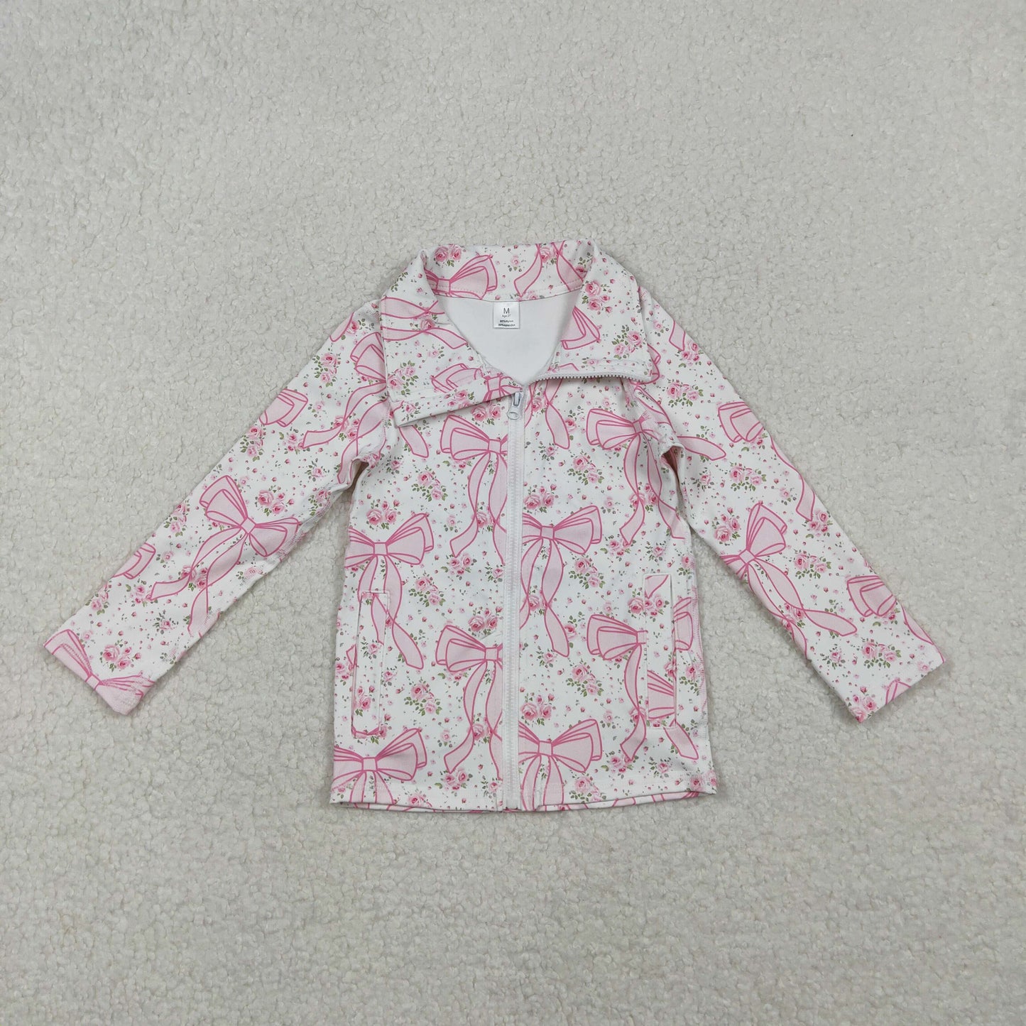 GT1082 baby girls  pink flower bow zipper long sleeve top yoga（Deadline June.26）