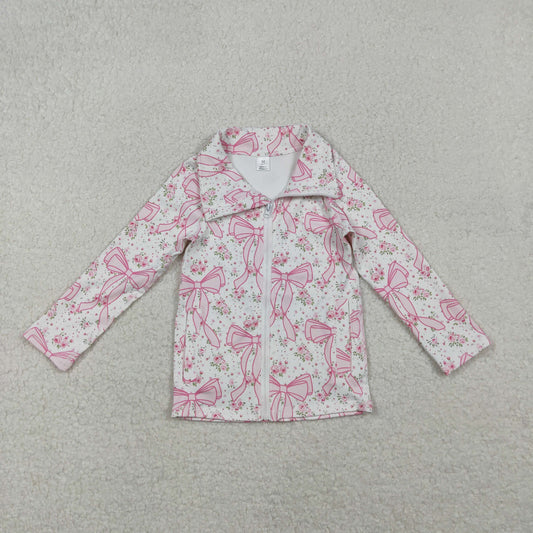 GT1082 baby girls  pink flower bow zipper long sleeve top yoga（Deadline June.26）