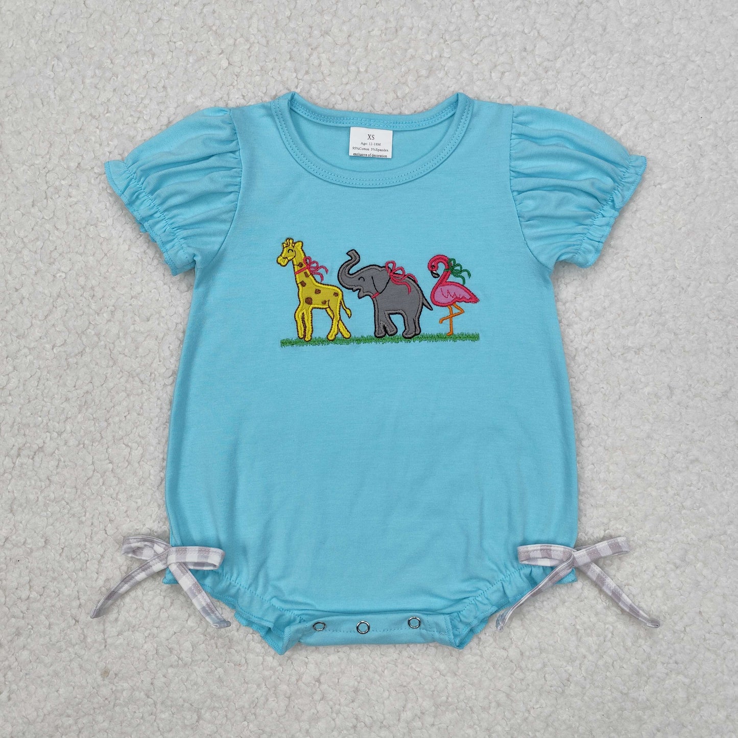 SR2124 Baby girls cyan giraffe elephant bow romper embroidery