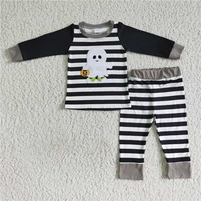 Matching Baby girls boys Halloween ghost stripe black outfits embroidery