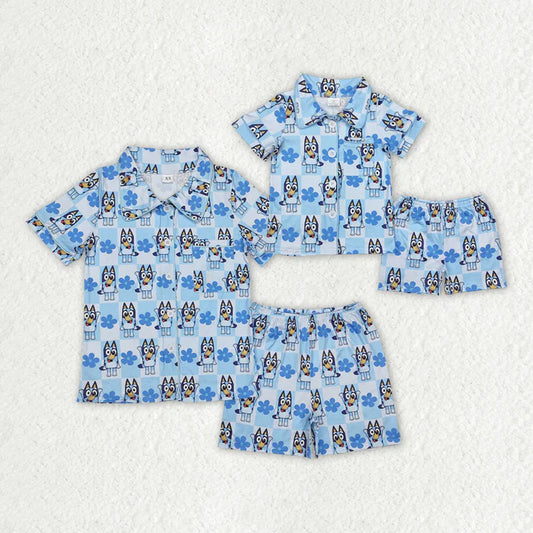 Family Matching Adult women  Baby kids cartoon dog blue shorts pajamas