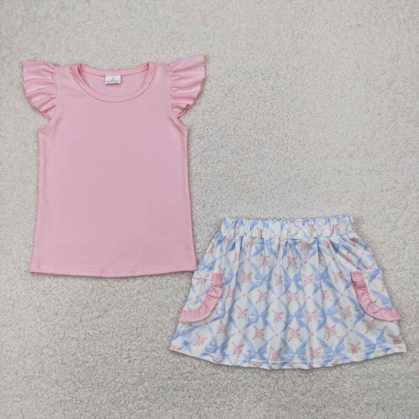 GSD2360 girls pink short sleeve butterfly bow skirt outfits