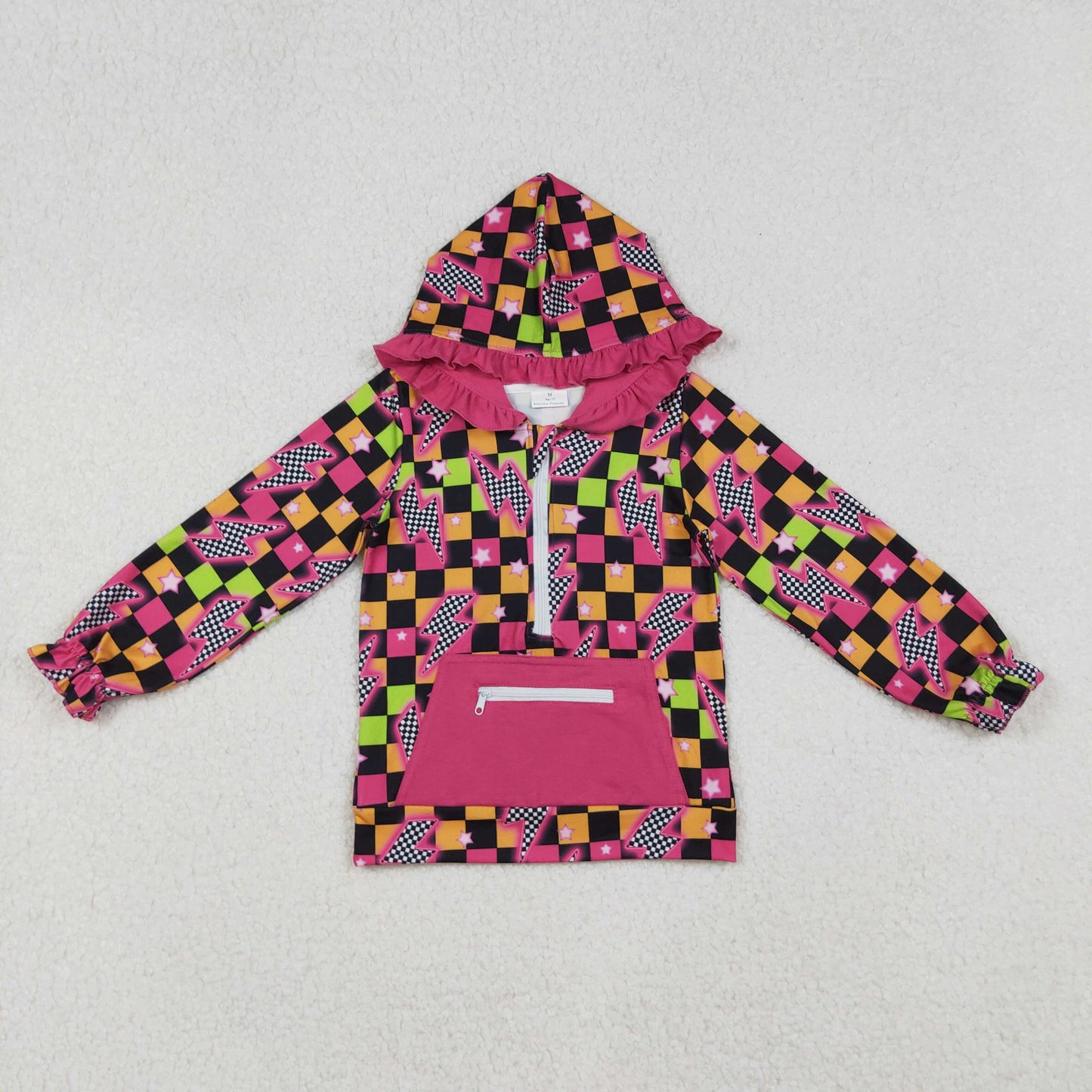 GT1117 baby girls lightning checkered rose hoodies zipper top
