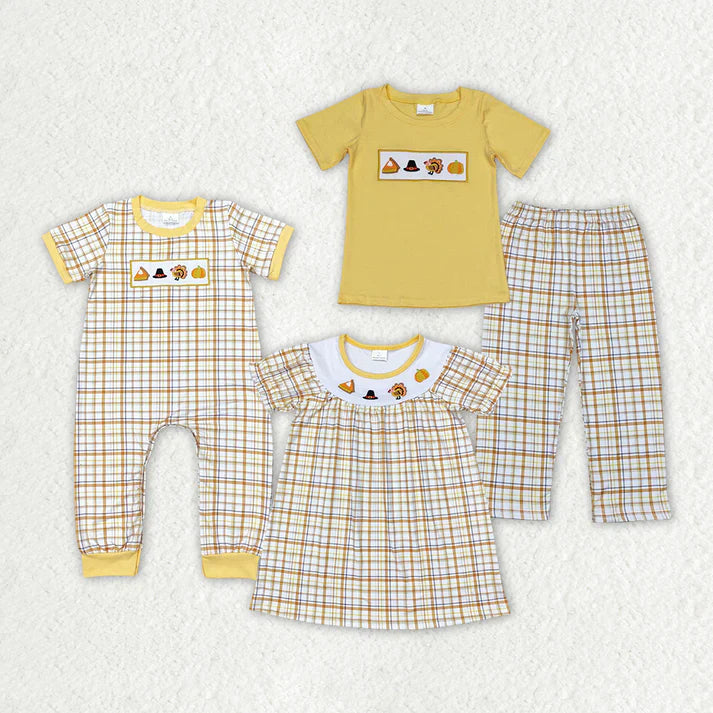 Matching Baby girls boys Thanksgiving turkey yellow checkered clothing embroidery