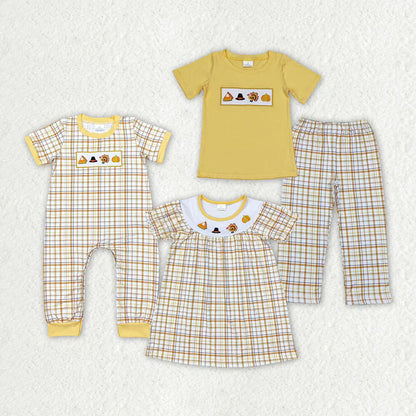 Matching Baby girls boys Thanksgiving turkey yellow checkered clothing embroidery
