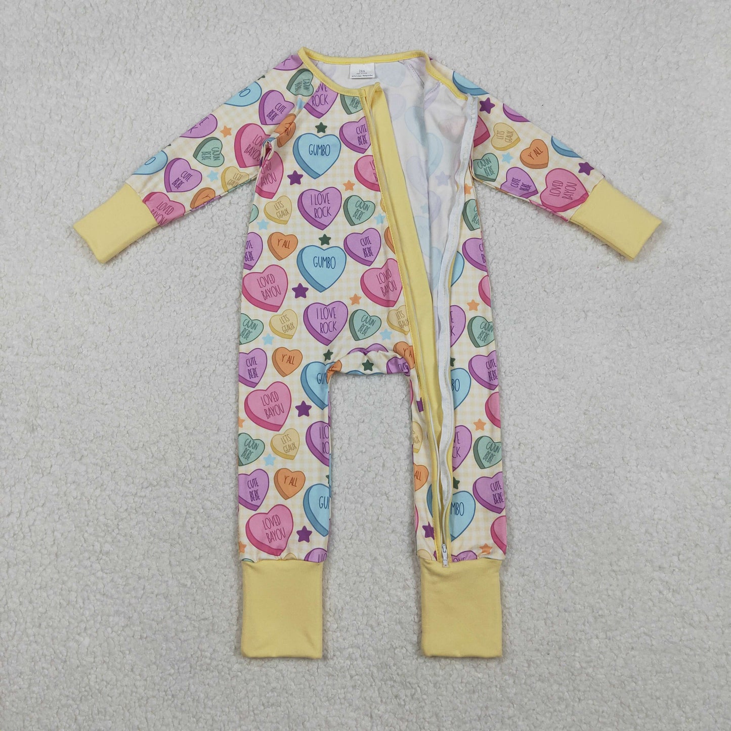 LR2778 baby girls Valentine's Day zipper yellow long sleeves romper