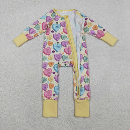 LR2778 baby girls Valentine's Day zipper yellow long sleeves romper