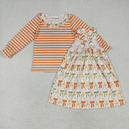 GLD1110 girls orange long sleeve pocket bow dress Outfits