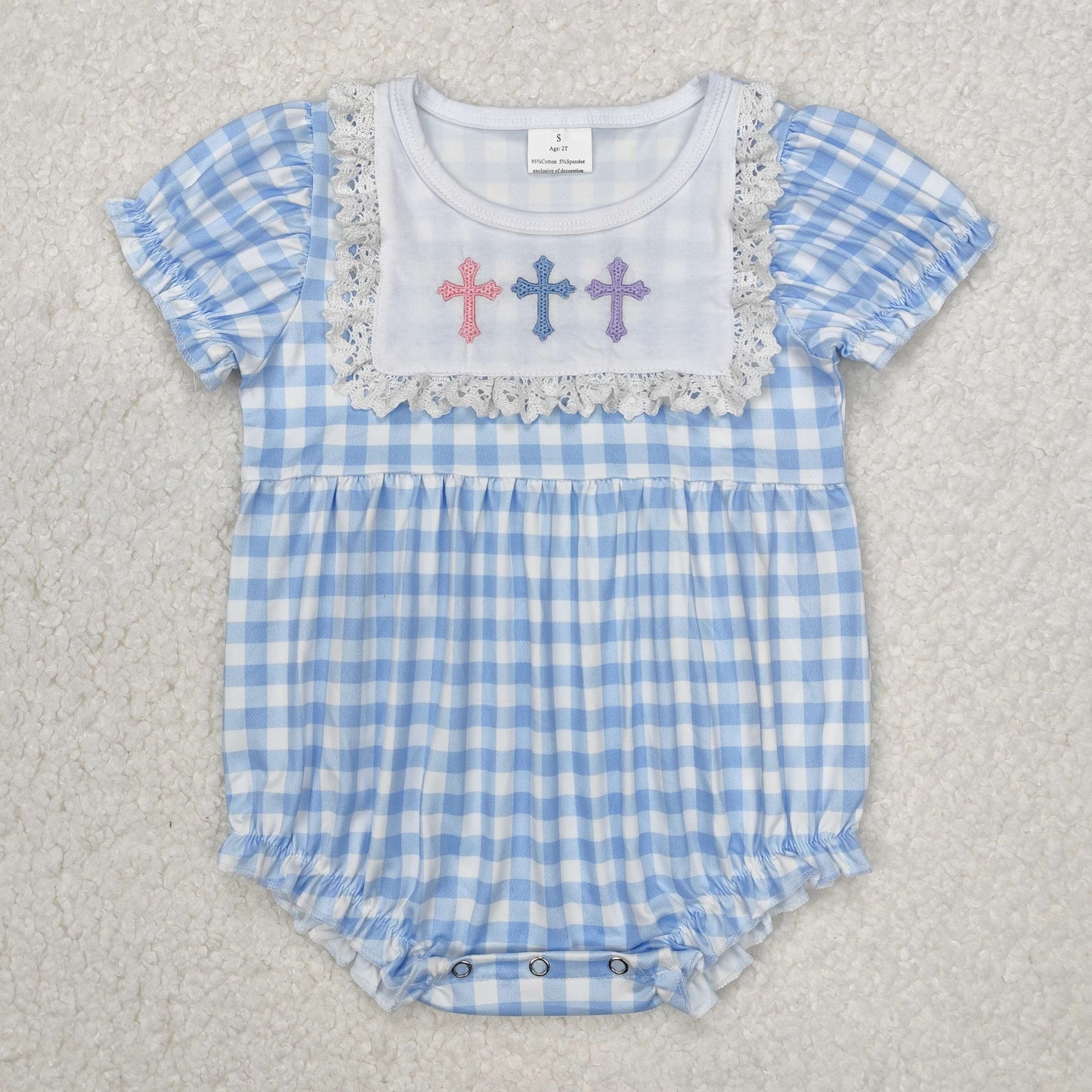 SR2133 Baby girls Cross lace lace blue plaid short sleeve romper embroidery