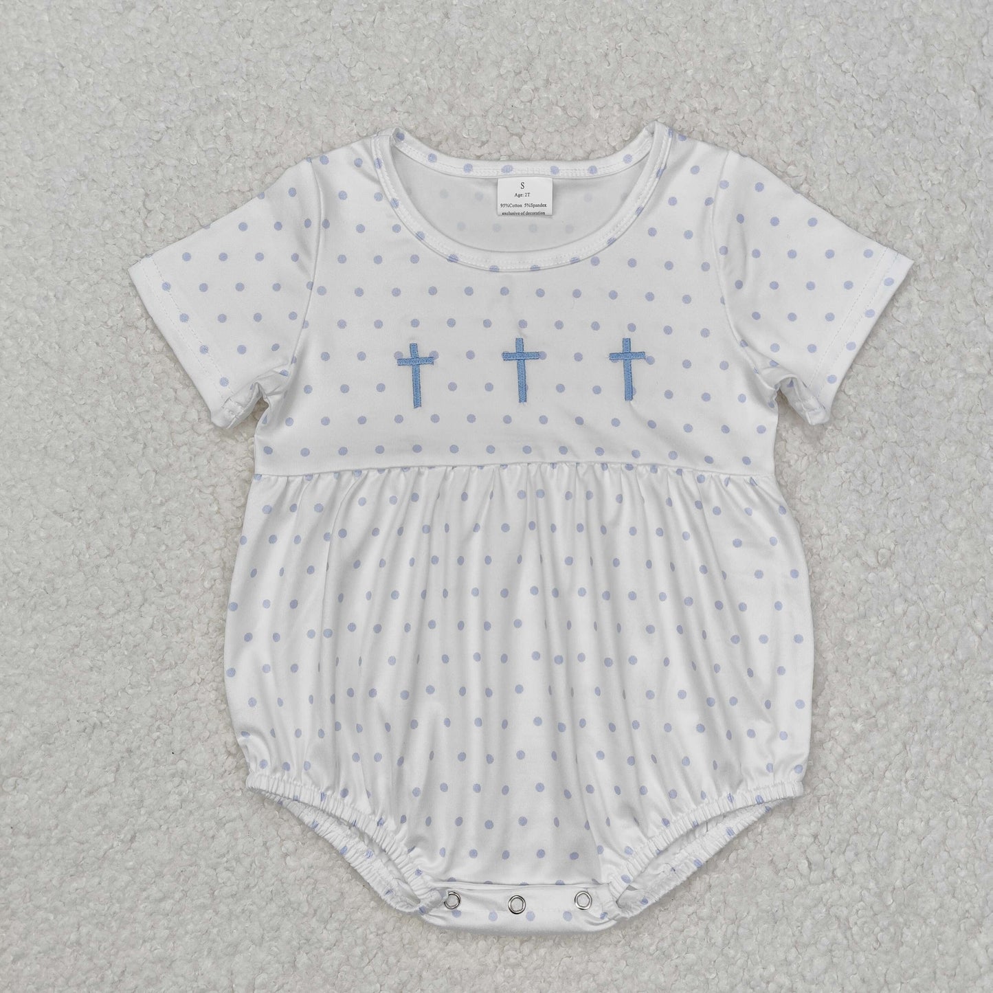 SR2147 Baby white blue cross short sleeve romper embroidery