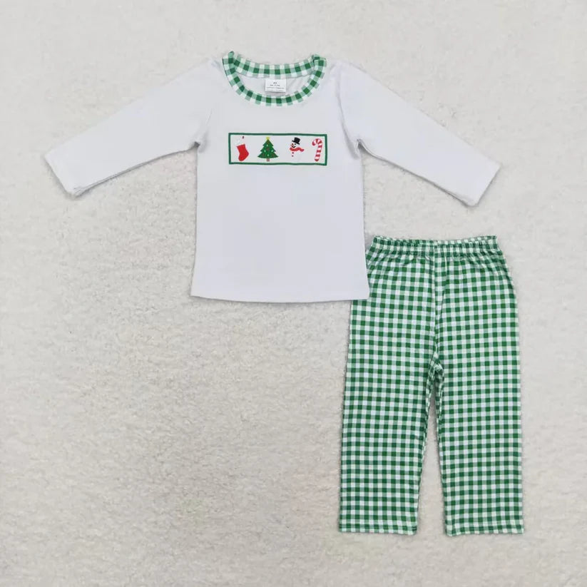 Matching Baby boys girls Christmas long sleeve green cheeckered outfits embroidery