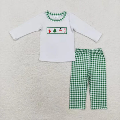 Matching Baby boys girls Christmas long sleeve green cheeckered outfits embroidery