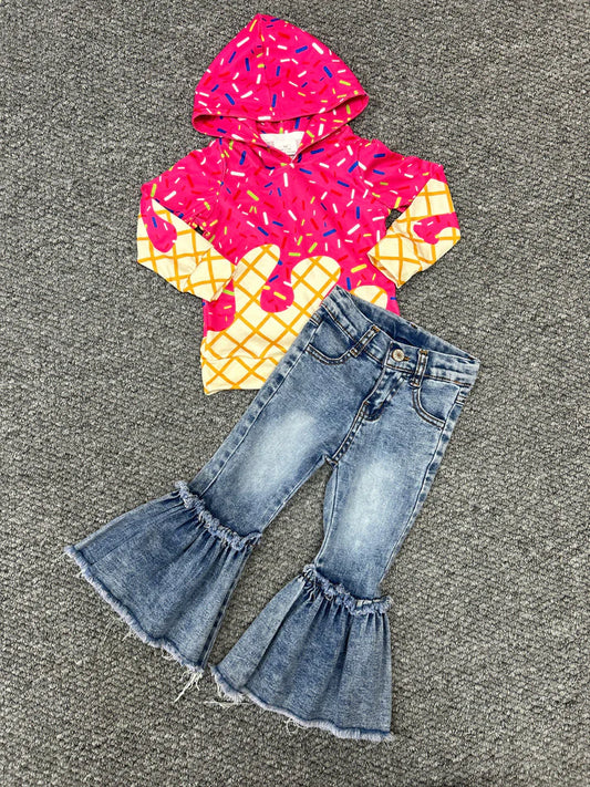 RTS BT1271+P0676 Waffle Ice Cream Rose Red Hooded Long-Sleeved Top Bleached Raw-Trimmed Blue Denim Pants sets