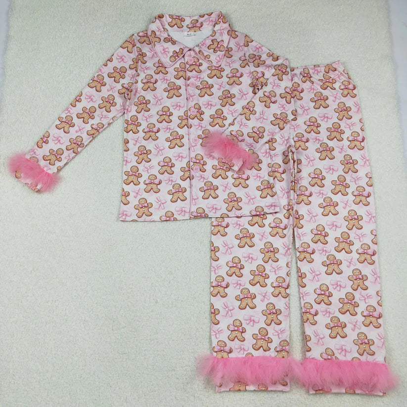 Family Matching Adult Baby girls Christmas Gingerbread pink furry clothing pajamas