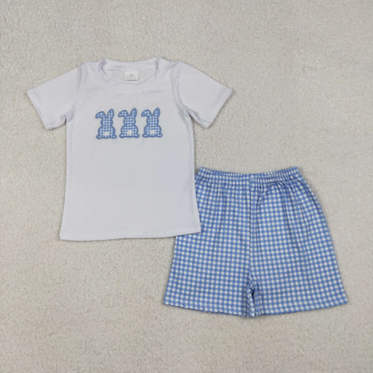 BSSO1123 Boys plaid blue bunny shorts Outfits embroidery
