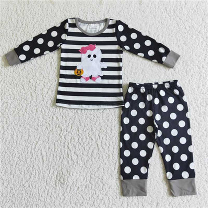 Matching Baby girls boys Halloween ghost stripe black outfits embroidery