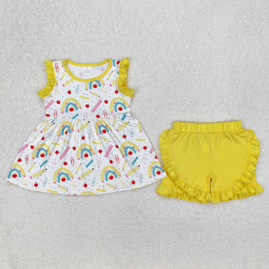 GSSO1913 girls Back To School pencil floral sleeveless yellow shorts outfits