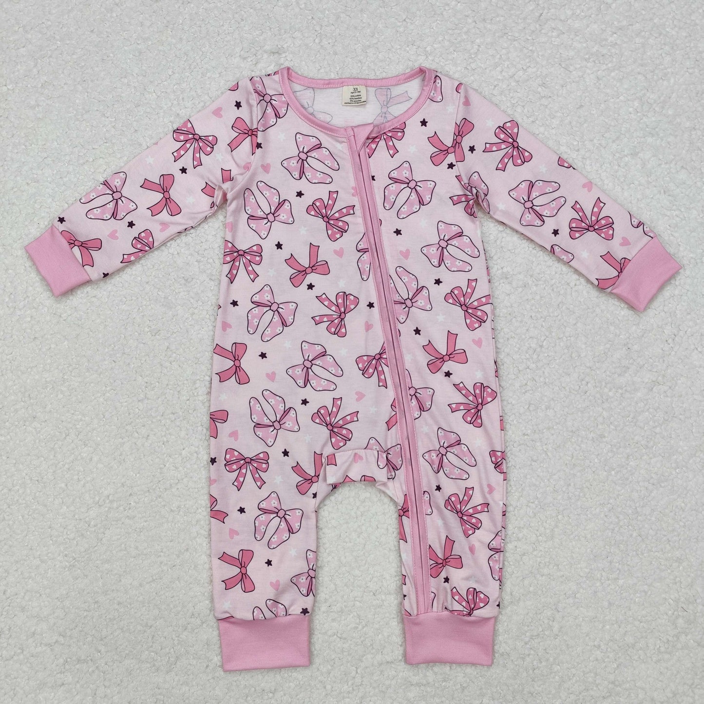 LR1608 Baby girls pink bows zipper bamboo romper