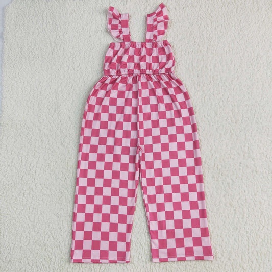 SR3050 baby girls flying sleeve rose checkered Jumpsuit
