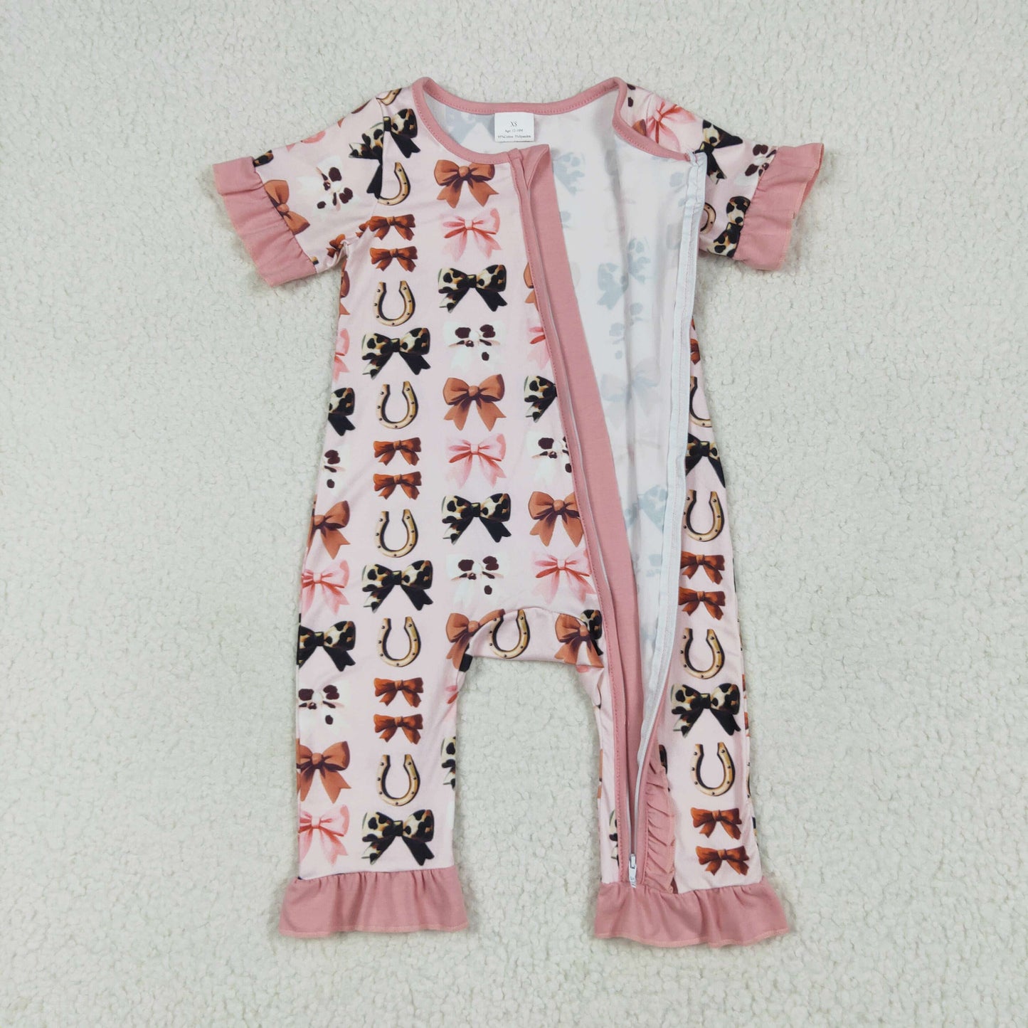 SR3116 baby girls bow floral zipper pink romper