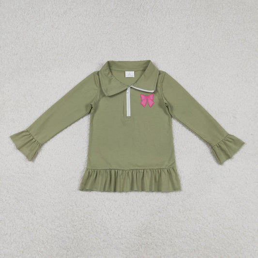 GT1272 baby girls pink bow floral zipper green pullover top embroidery