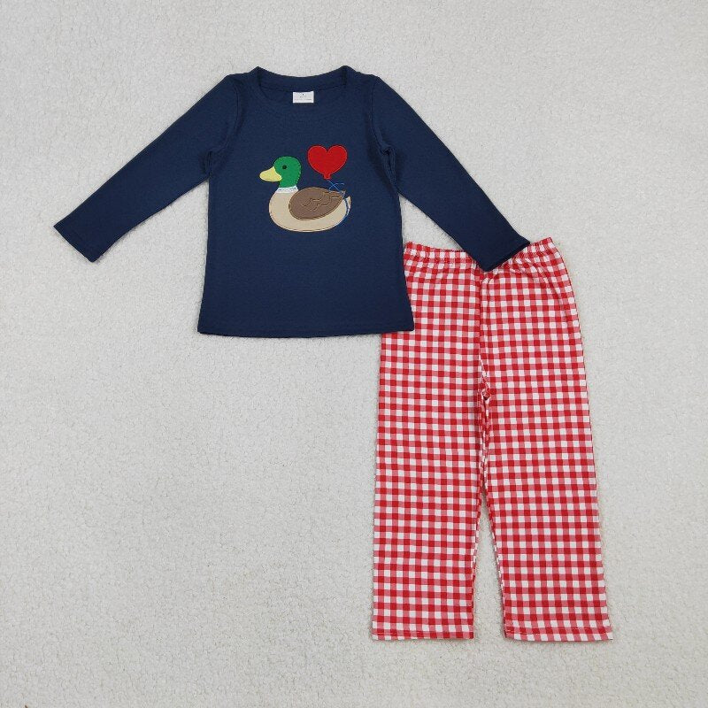 Matching Baby girls boys Valentine's love duck navy red checkered outfits embroidery