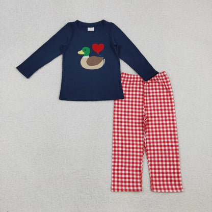 Matching Baby girls boys Valentine's love duck navy red checkered outfits embroidery