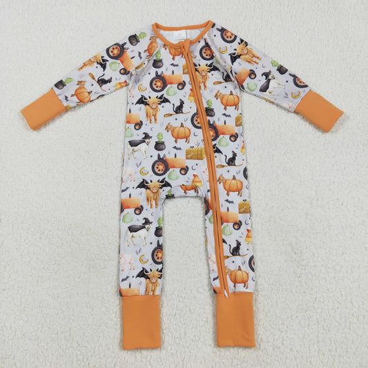 LR2444 baby boys Halloween cow pumpkin orange zipper romper
