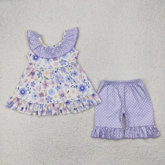 GSSO2306 baby girls sleeveless purple flower shorts outfits