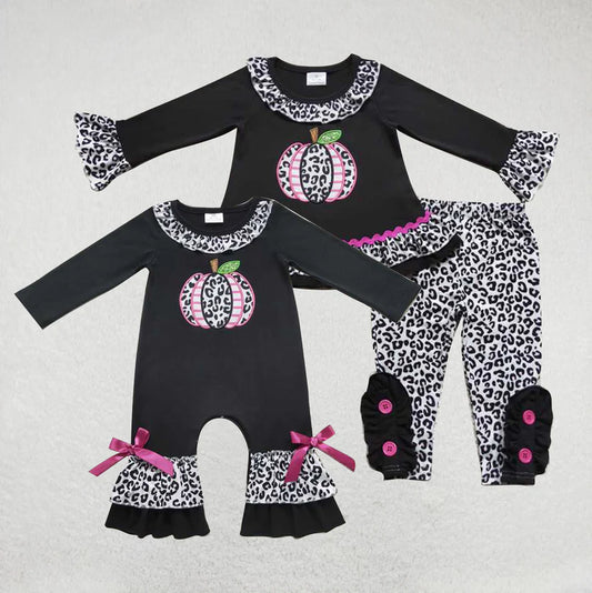 Matching Baby girls Halloween leopard pumpkin outfits  romper clothing embroidery