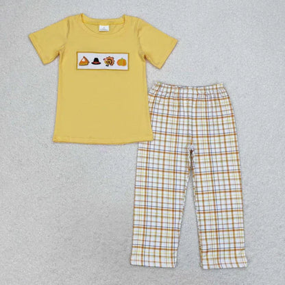 Matching Baby girls boys Thanksgiving turkey yellow checkered clothing embroidery