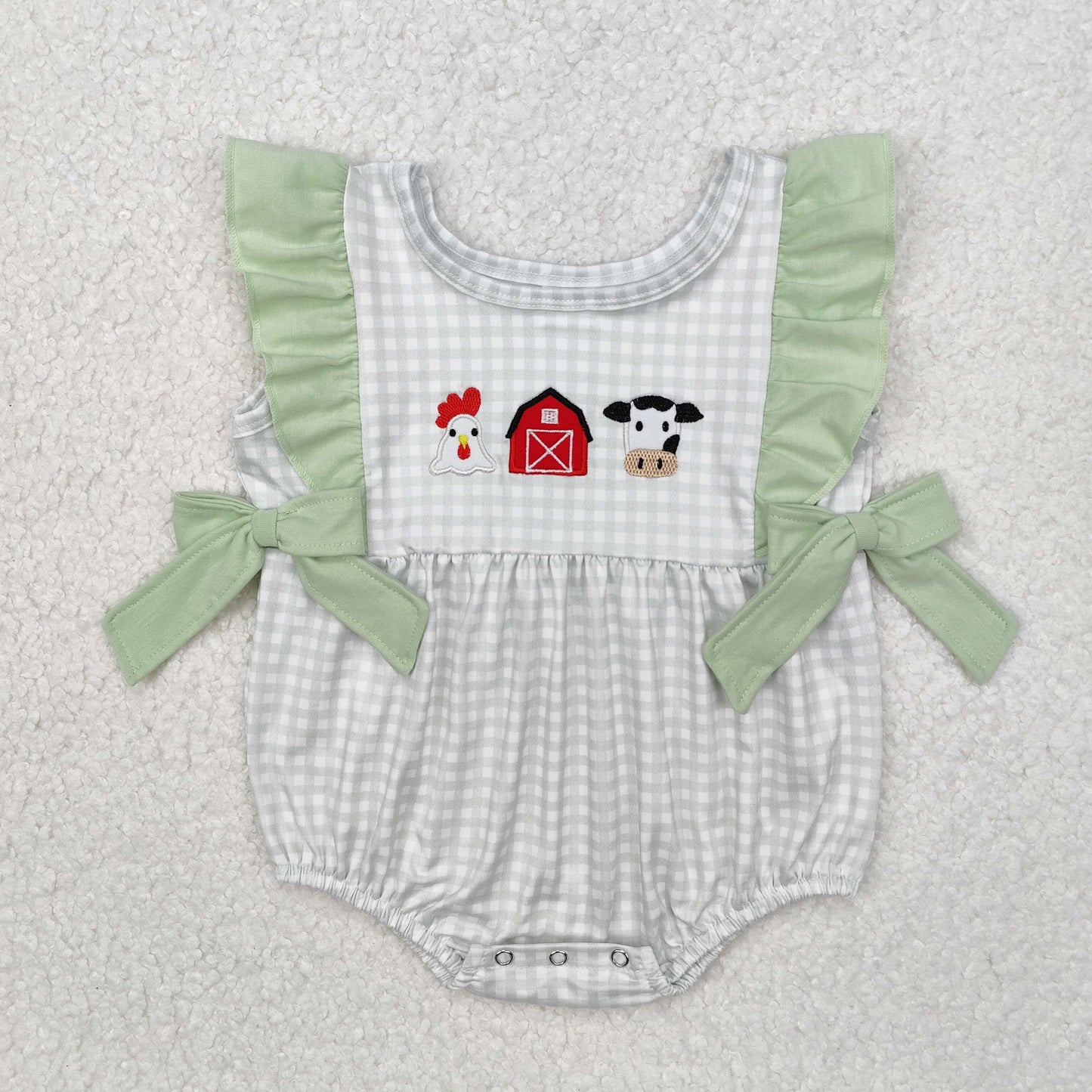 SR2184 Baby cow chicken sleeveless bow romper embroidery