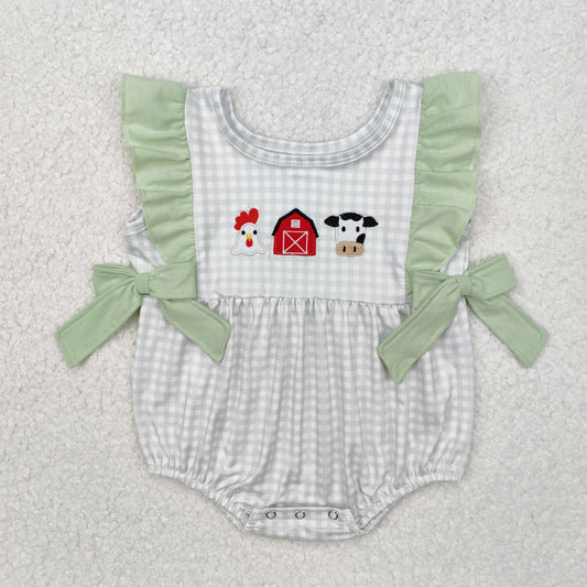 SR2184 Baby cow chicken sleeveless bow romper embroidery