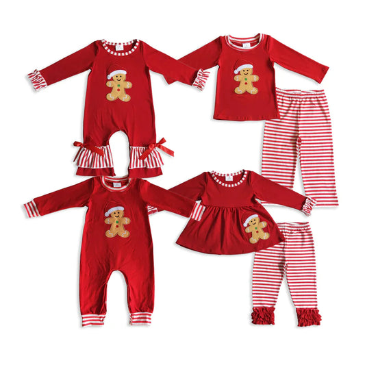 Matching Baby girls boys Christmas Gingerbread red stripe outfits embroidery