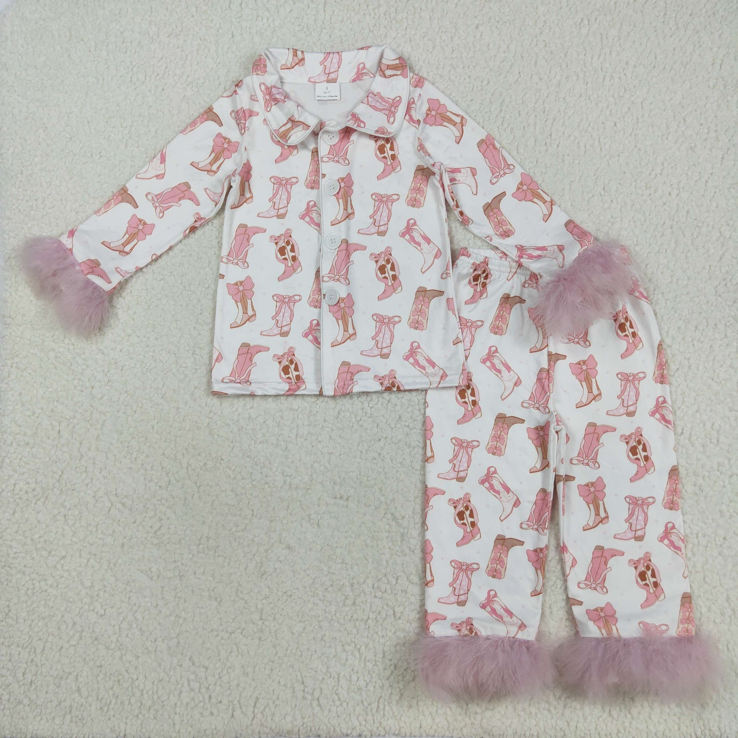 GLP2359 baby Girls boot bow button pink furry pajamas