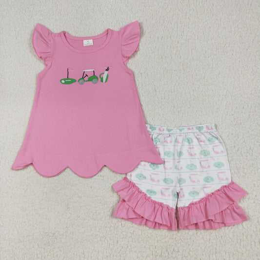 GSSO2660 baby girls flying sleeve golf pink shorts outfits embroidery