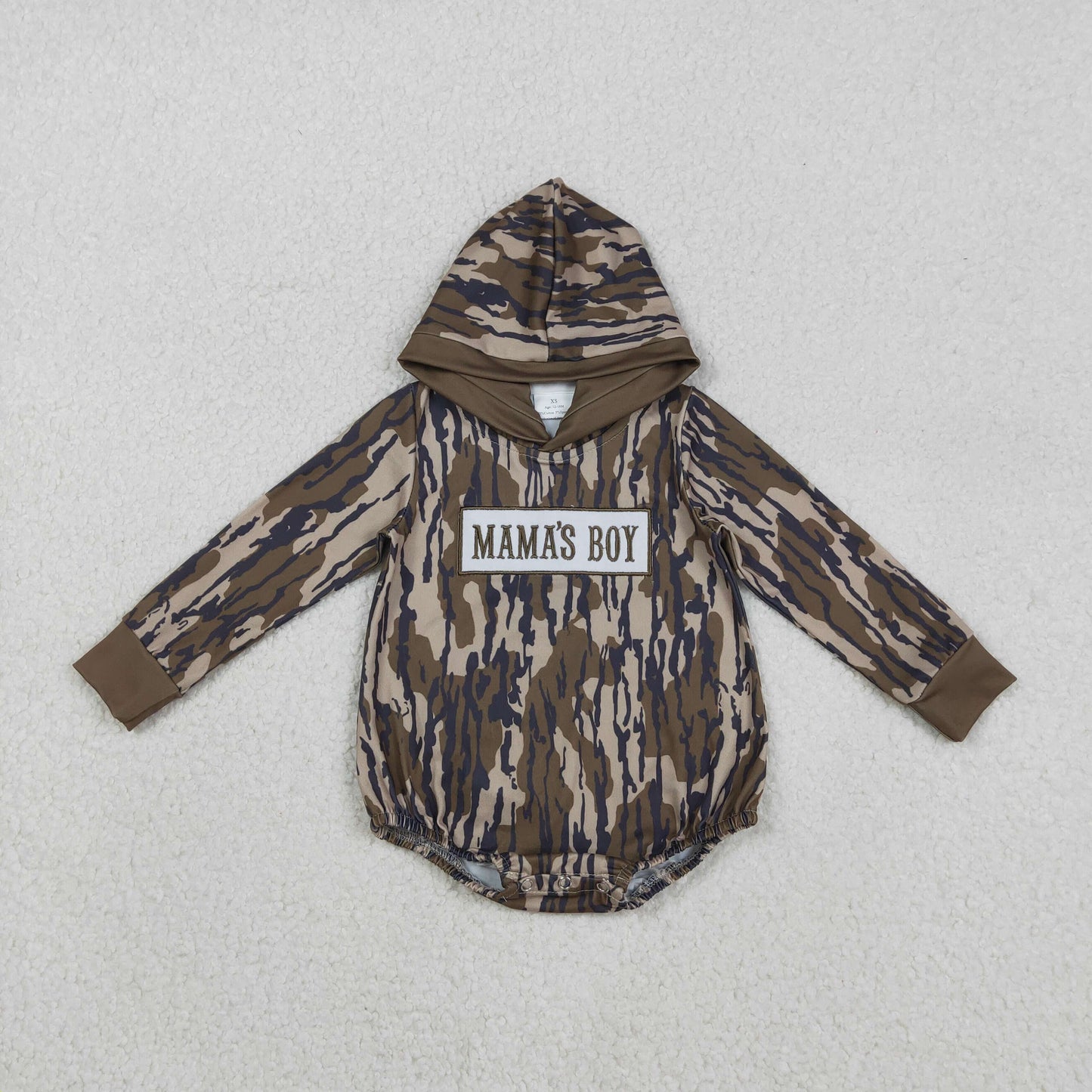 LR2793 baby boys MAMA's BOY camo long sleeves hooded romper embroidery