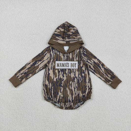LR2793 baby boys MAMA's BOY camo long sleeves hooded romper embroidery