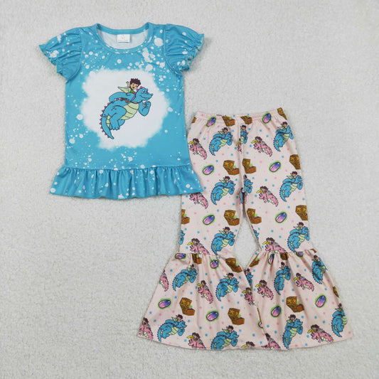 GSPO2137 girls blue puff sleeves dinosaur bell outfits