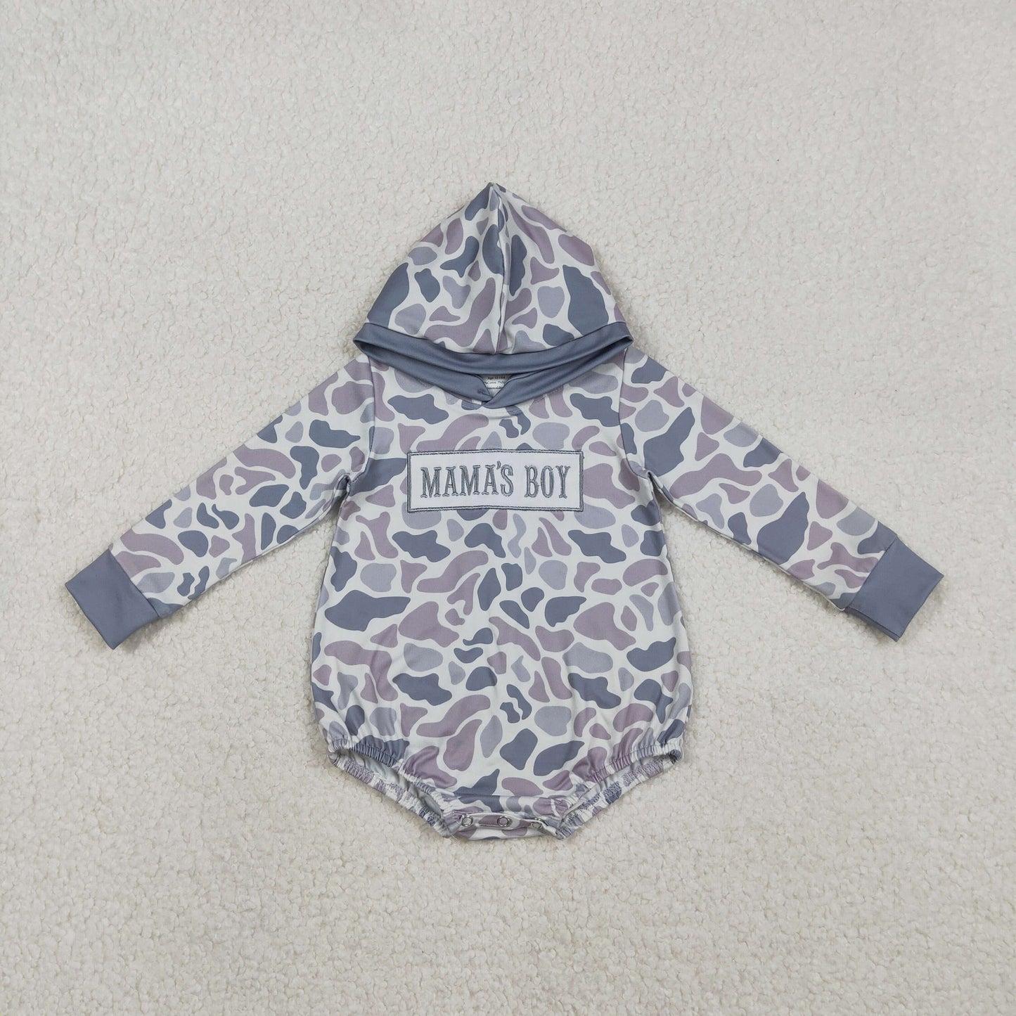 LR2794 baby boys MAMA's BOY camo long sleeves hooded  romper embroidery