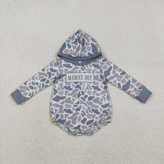 LR2794 baby boys MAMA's BOY camo long sleeves hooded  romper embroidery